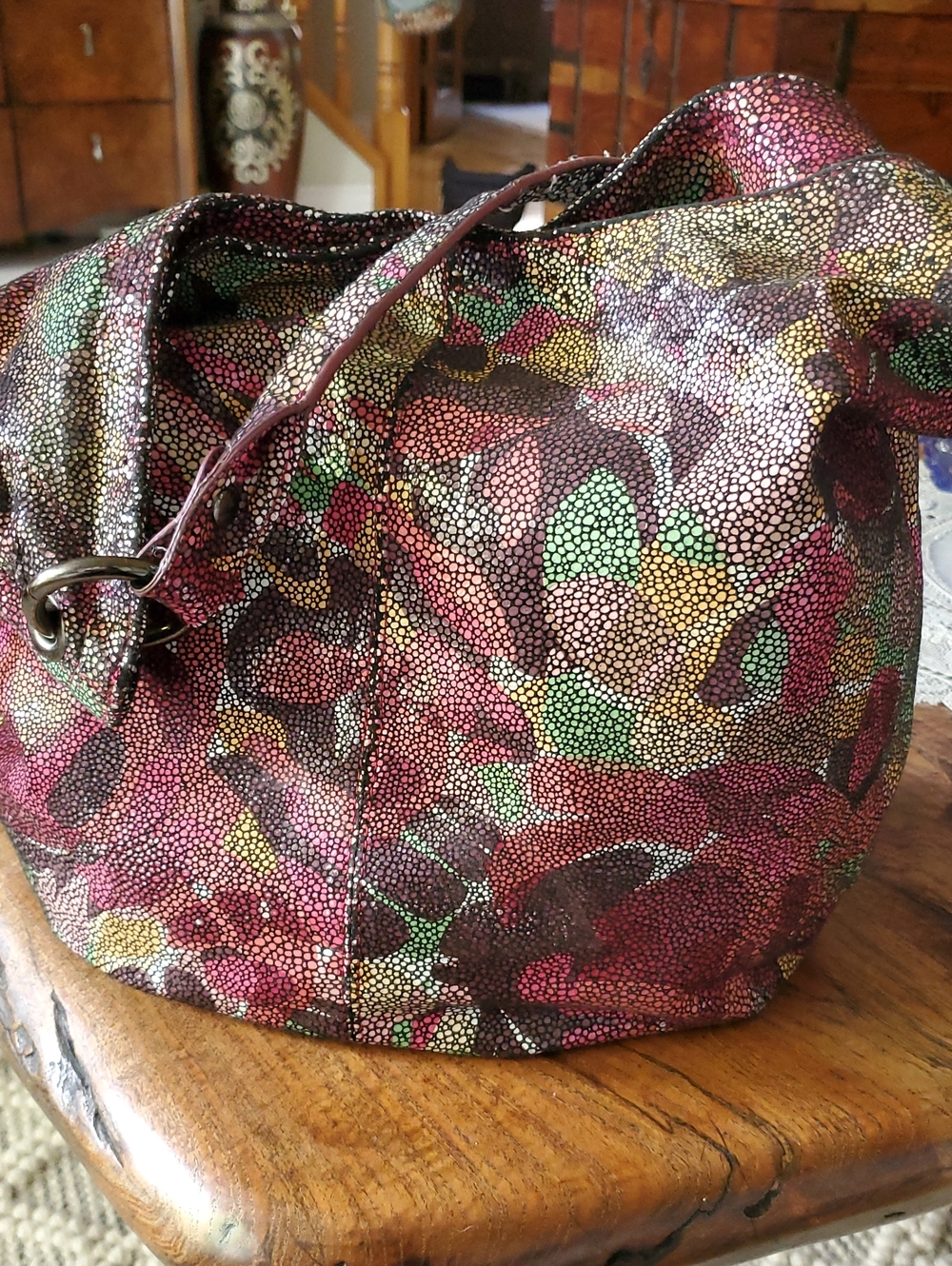 Colorful Floral-Print Hobo Real Leather Bag in Green, Pink & Gold